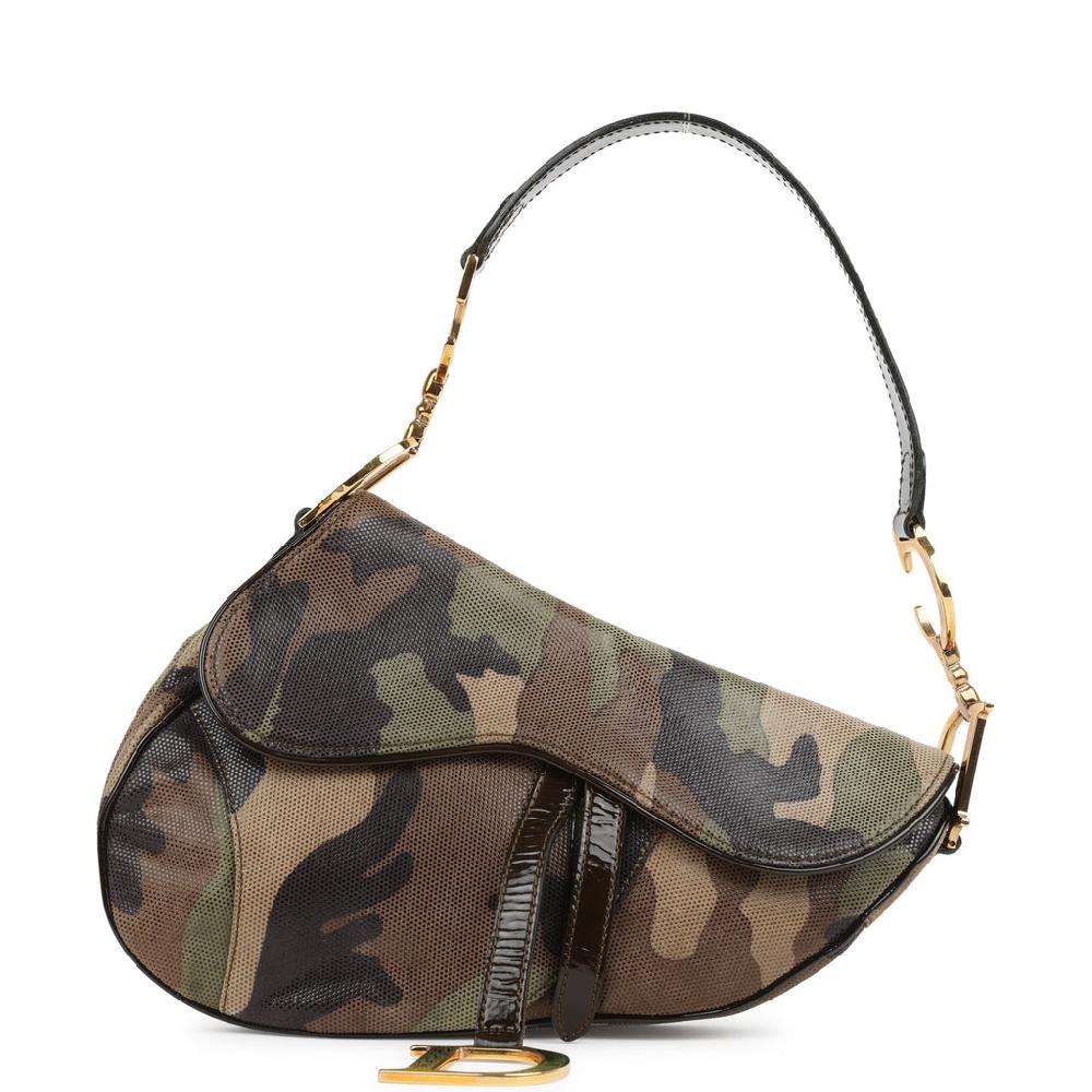 Vintage Christian Dior Camouflage Saddle Bag Green and Brown Suede Gold Hardware