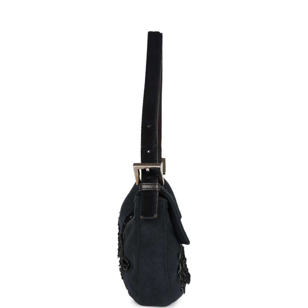 Vintage Fendi Baguette Bag Floral Applique Grey And Black Wool And Ponyhair Silver Hardware