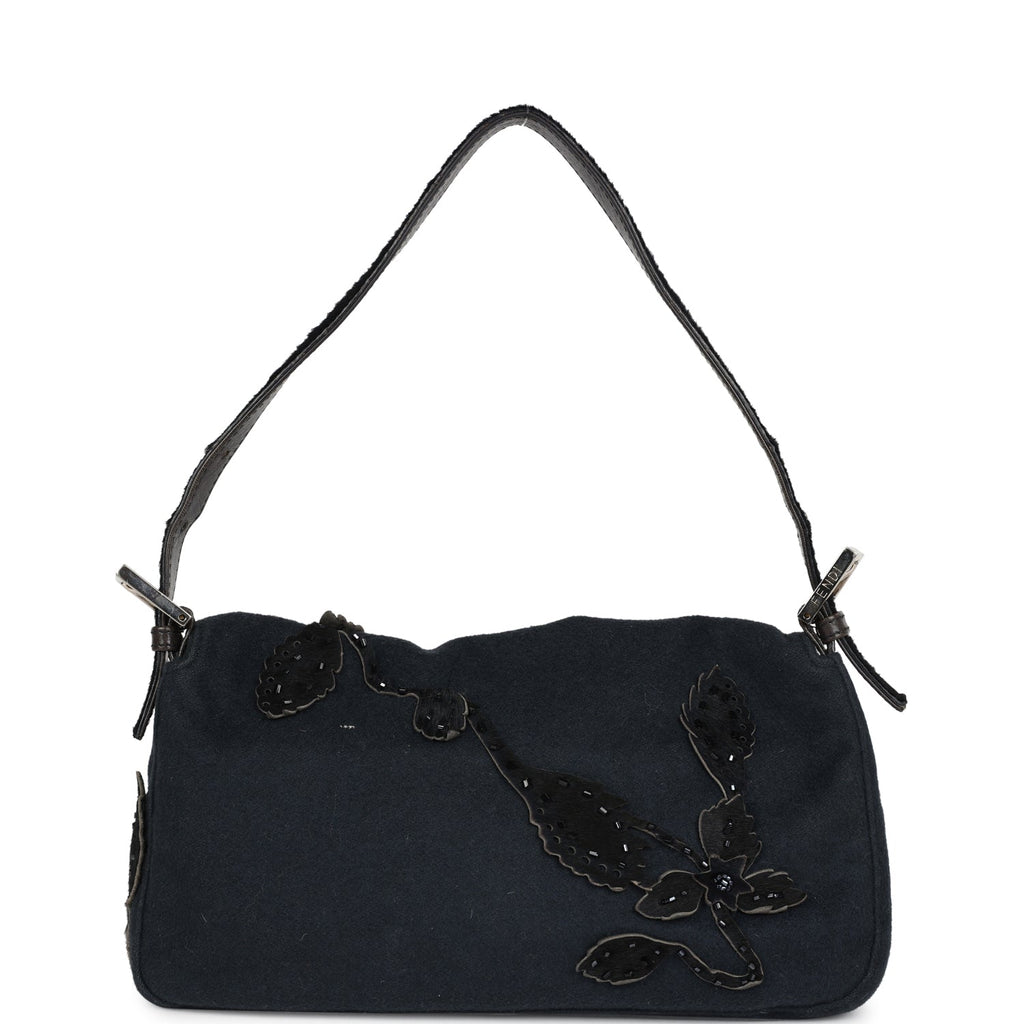 Vintage Fendi Baguette Bag Floral Applique Grey And Black Wool And Ponyhair Silver Hardware