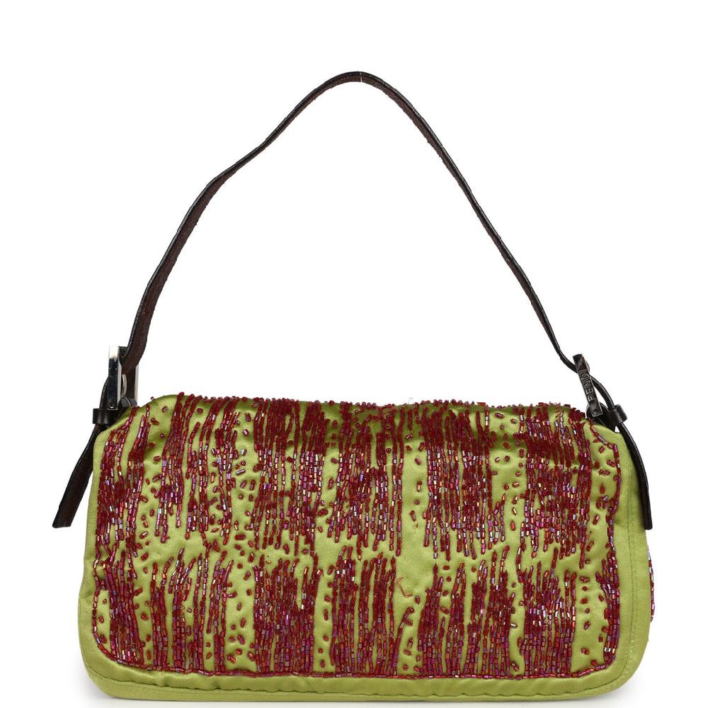 Vintage Fendi Baguette Bag Green And Red Beaded Satin Orange Python Silver Hardware