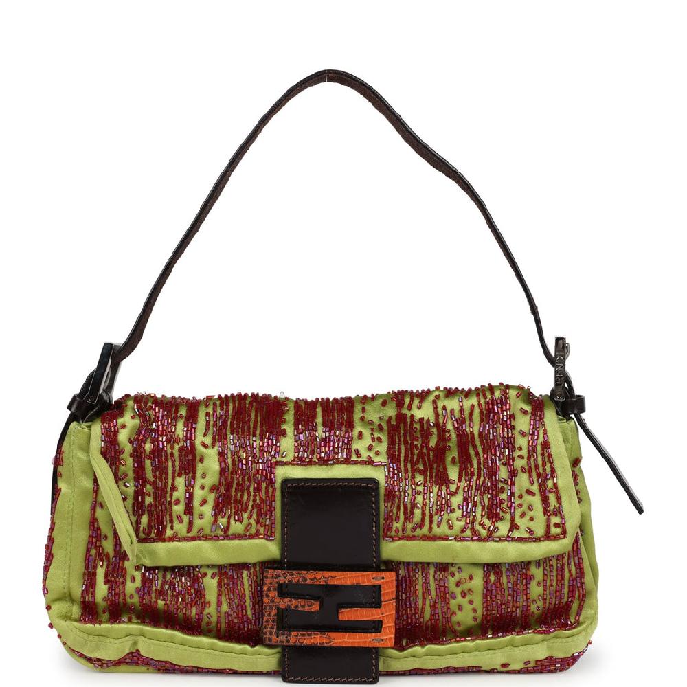 Vintage Fendi Baguette Bag Green and Red Beaded Satin Orange Python Silver Hardware