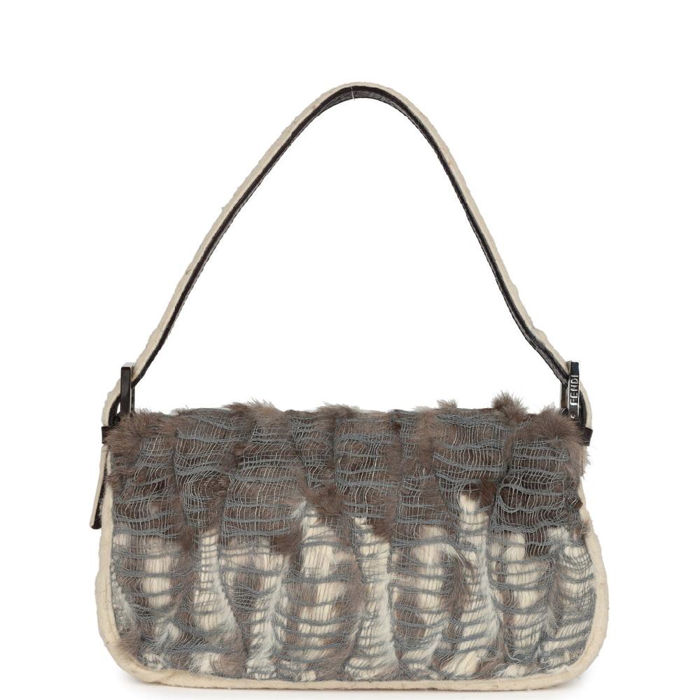 Vintage Fendi Baguette Bag Ivory Felt And Grey Rabbit Fur Silver Hardware