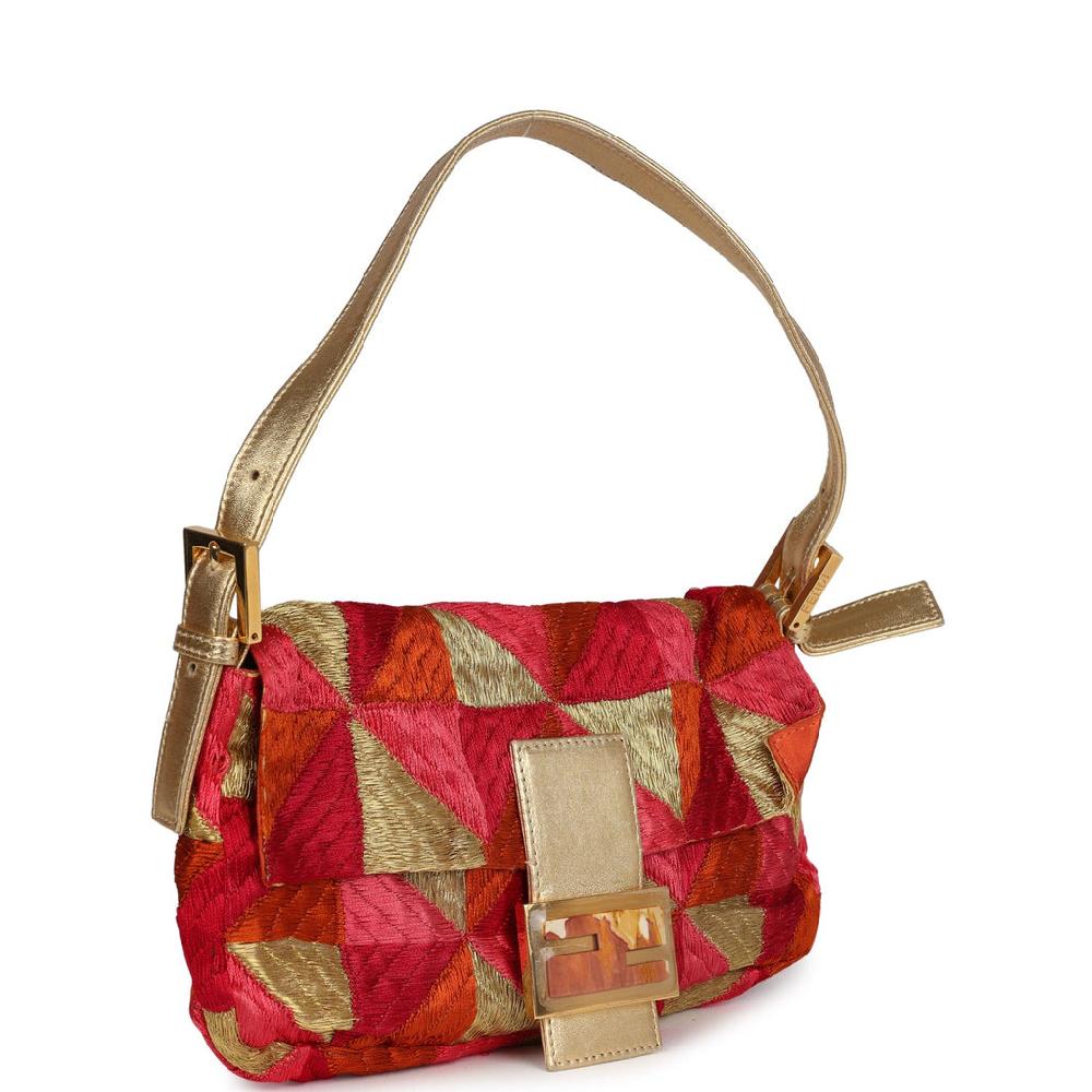 Vintage Fendi Patchwork Baguette Bag Gold Pink Orange And Red Embroidered Silk Gold Hardware