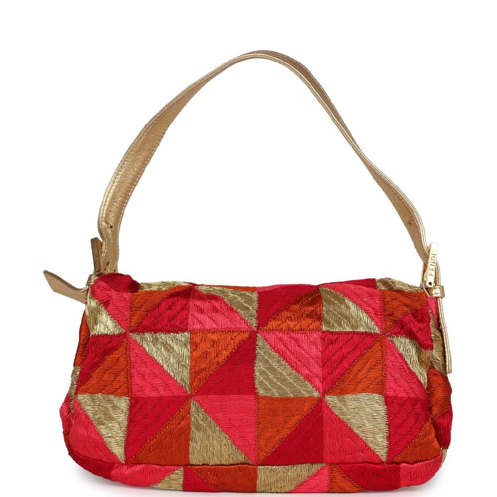 Vintage Fendi Patchwork Baguette Bag Gold Pink Orange And Red Embroidered Silk Gold Hardware