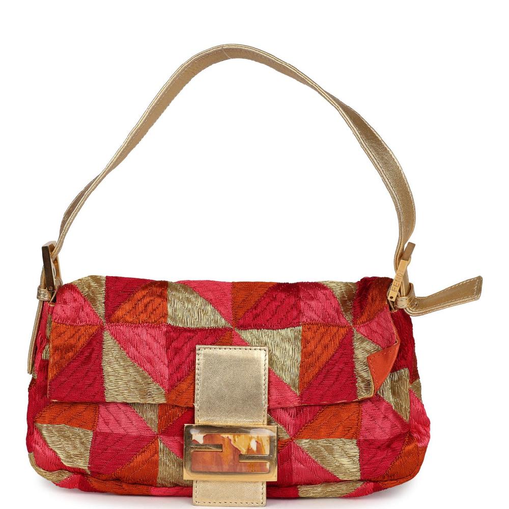 Vintage Fendi Patchwork Baguette Bag Gold Pink Orange and Red Embroidered Silk Gold Hardware