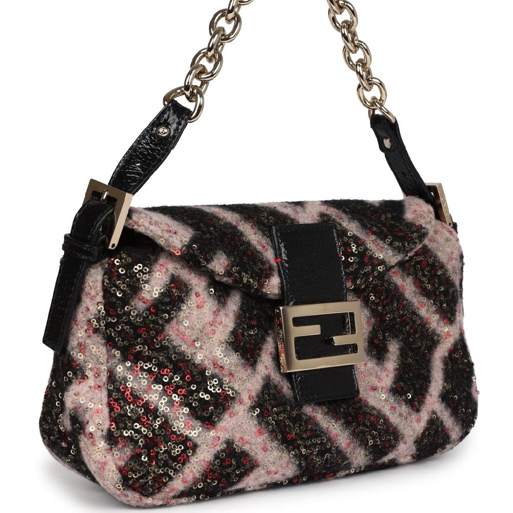 Vintage Fendi Shoulder Bag Pink And Black Zucca Wool Sequins Light Gold Hardware