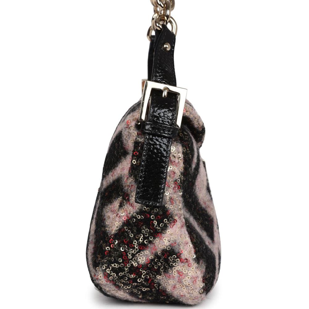 Vintage Fendi Shoulder Bag Pink And Black Zucca Wool Sequins Light Gold Hardware