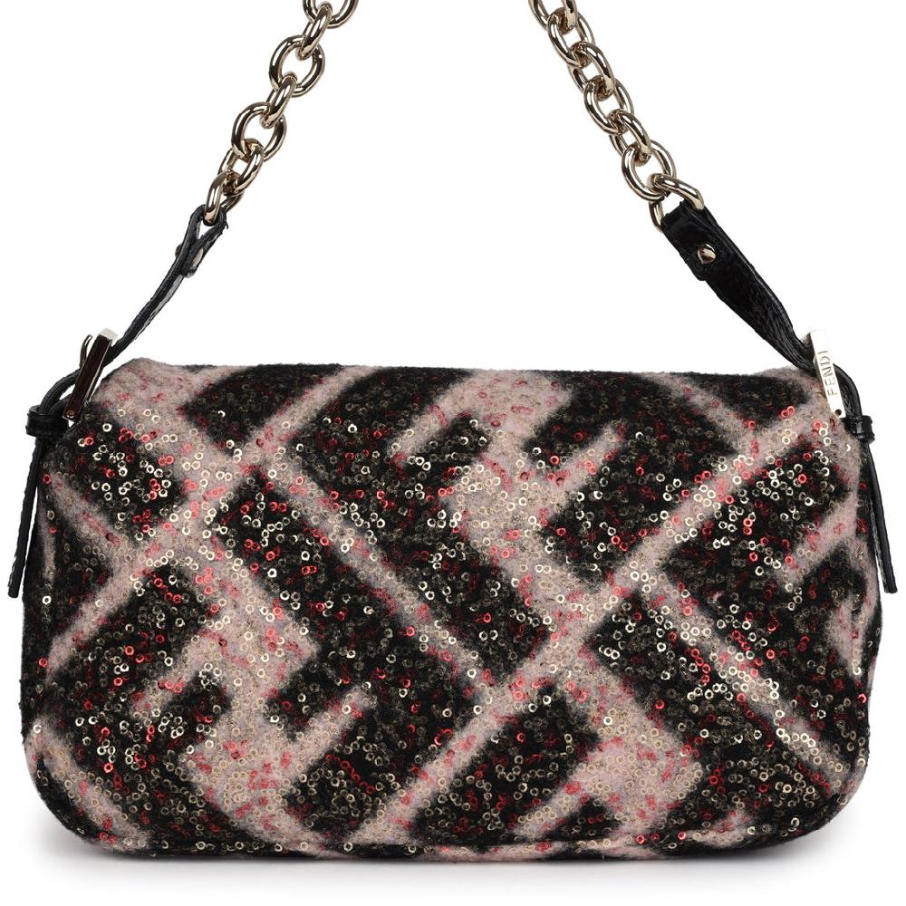 Vintage Fendi Shoulder Bag Pink And Black Zucca Wool Sequins Light Gold Hardware