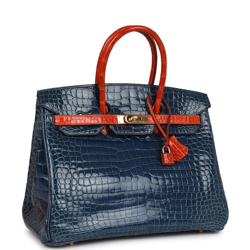 Vintage Hermes Birkin 35 Bleu Roi And Orange Shiny Porosus Crocodile Gold Hardware