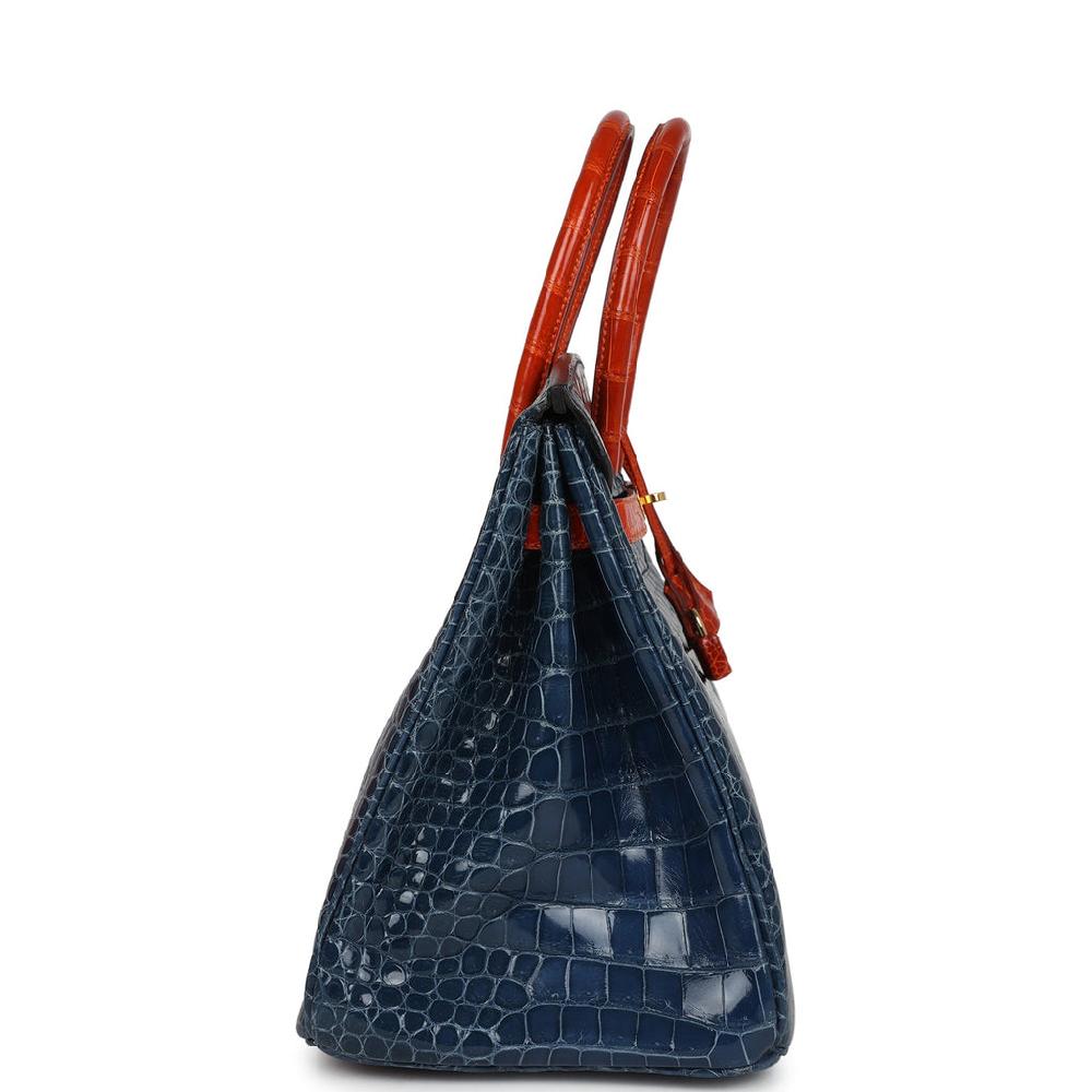 Vintage Hermes Birkin 35 Bleu Roi And Orange Shiny Porosus Crocodile Gold Hardware