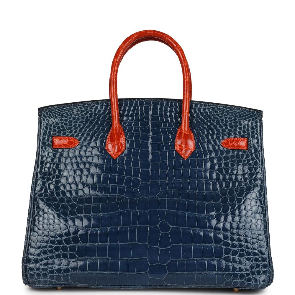 Vintage Hermes Birkin 35 Bleu Roi And Orange Shiny Porosus Crocodile Gold Hardware