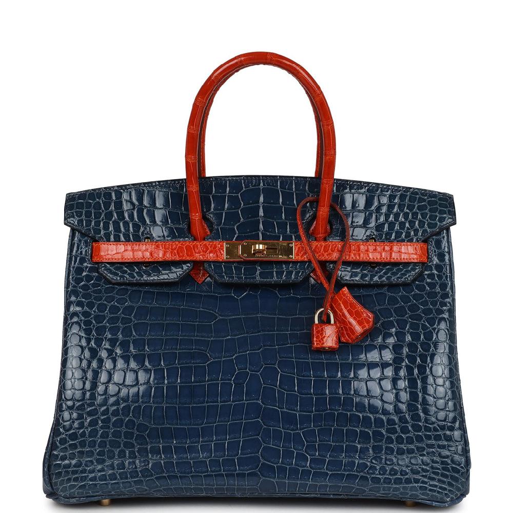 Vintage Hermes Birkin 35 Bleu Roi and Orange Shiny Porosus Crocodile Gold Hardware