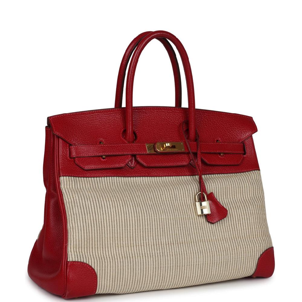 Vintage Hermes Birkin 35 Rouge Vif Buffalo And Crinoline Gold Hardware