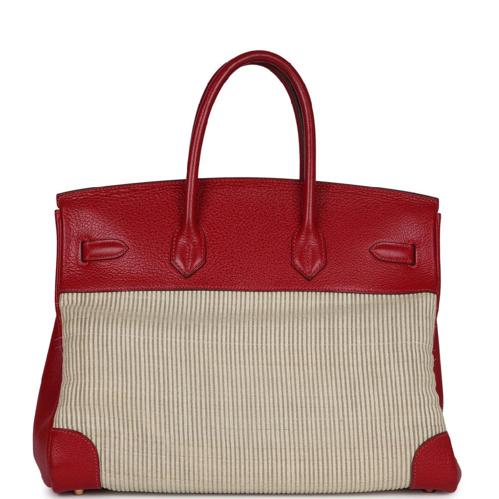 Vintage Hermes Birkin 35 Rouge Vif Buffalo And Crinoline Gold Hardware