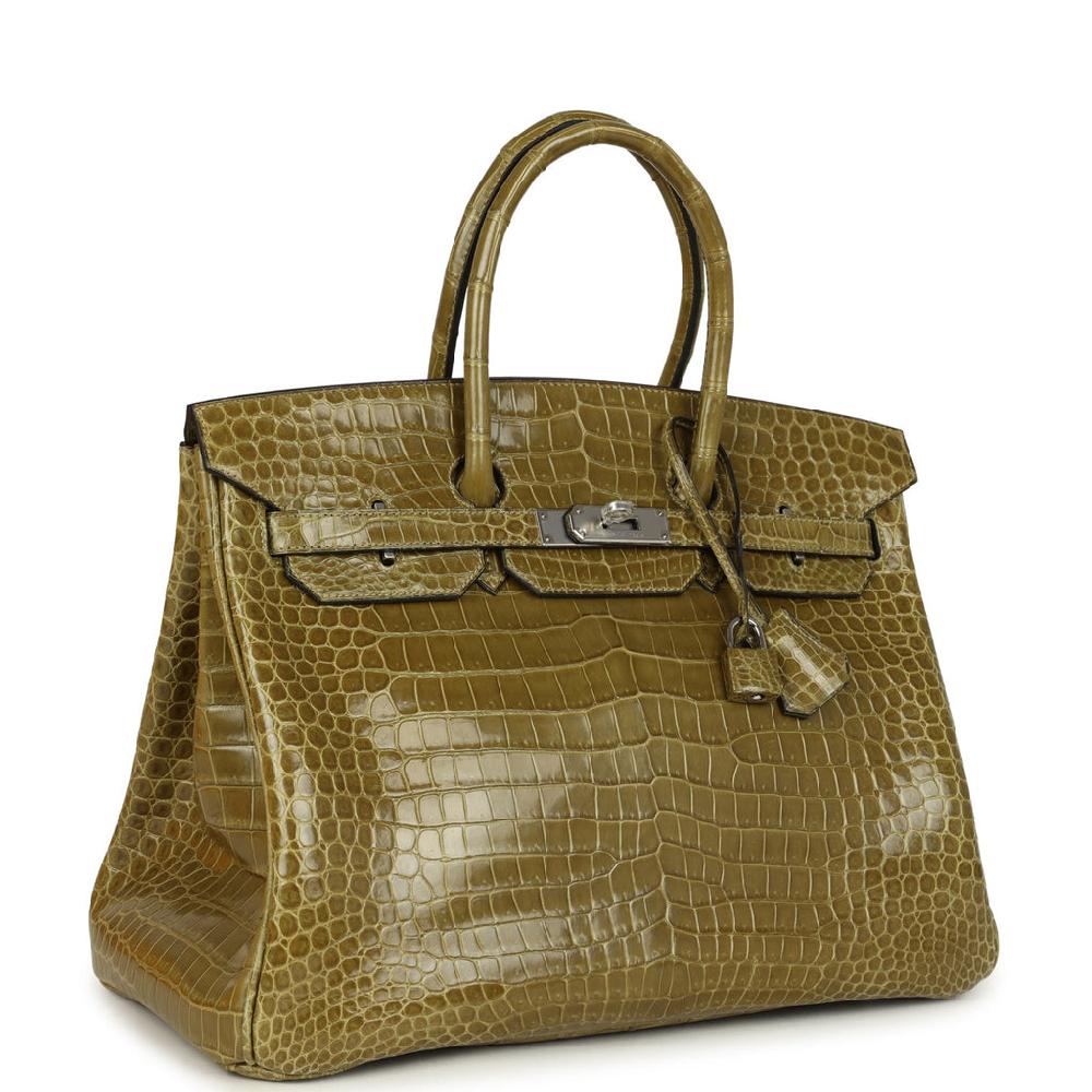 Vintage Hermes Birkin 35 Vert Anis Shiny Porosus Crocodile Palladium Hardware