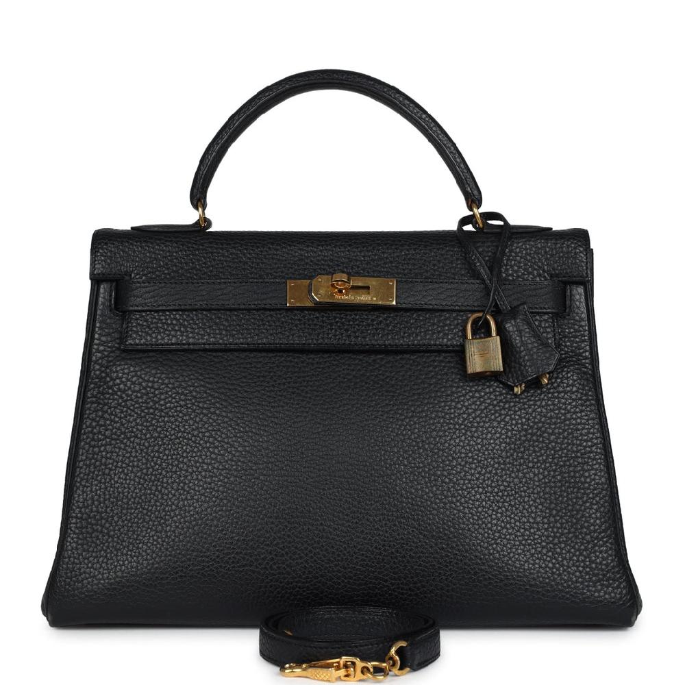 Vintage Hermes Kelly Retourne 32 Black Ardennes Gold Hardware