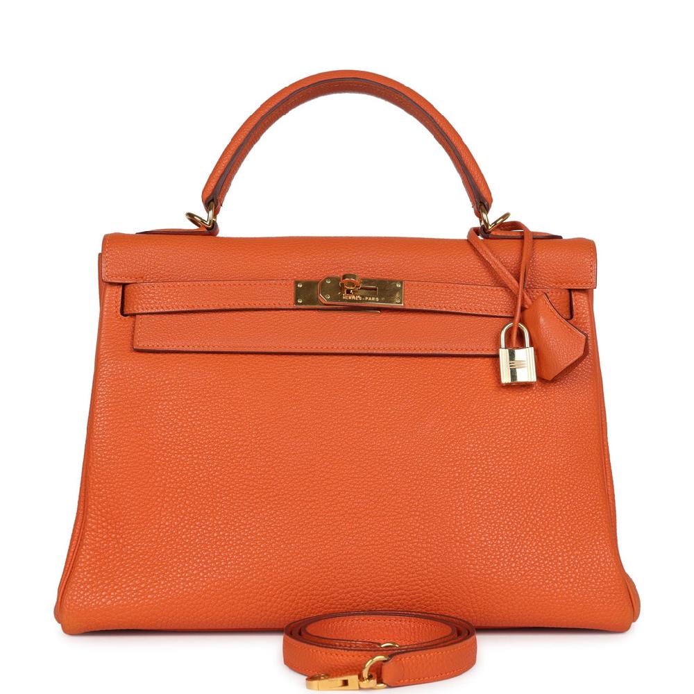 Vintage Hermes Kelly Retourne 32 Orange Togo Gold Hardware