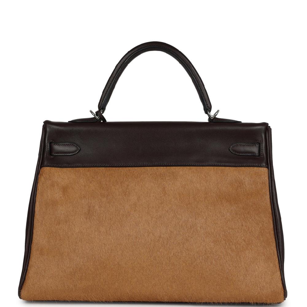 Vintage Hermes Kelly Retourne 35 Ebene Evercalf And Blond Troika Palladium Hardware