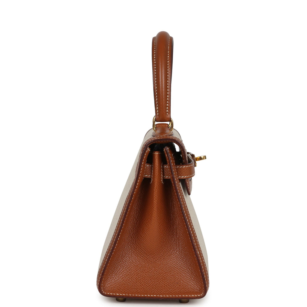 Vintage Hermes Kelly Sellier 20 Gold Courchevel And Ecru-Beige Toile H Canvas Gold Hardware