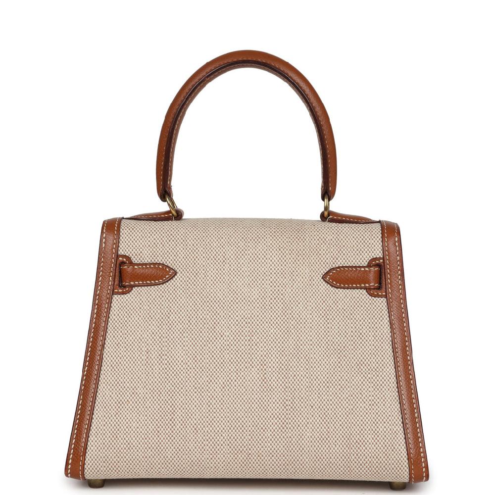 Vintage Hermes Kelly Sellier 20 Gold Courchevel And Ecru-Beige Toile H Canvas Gold Hardware
