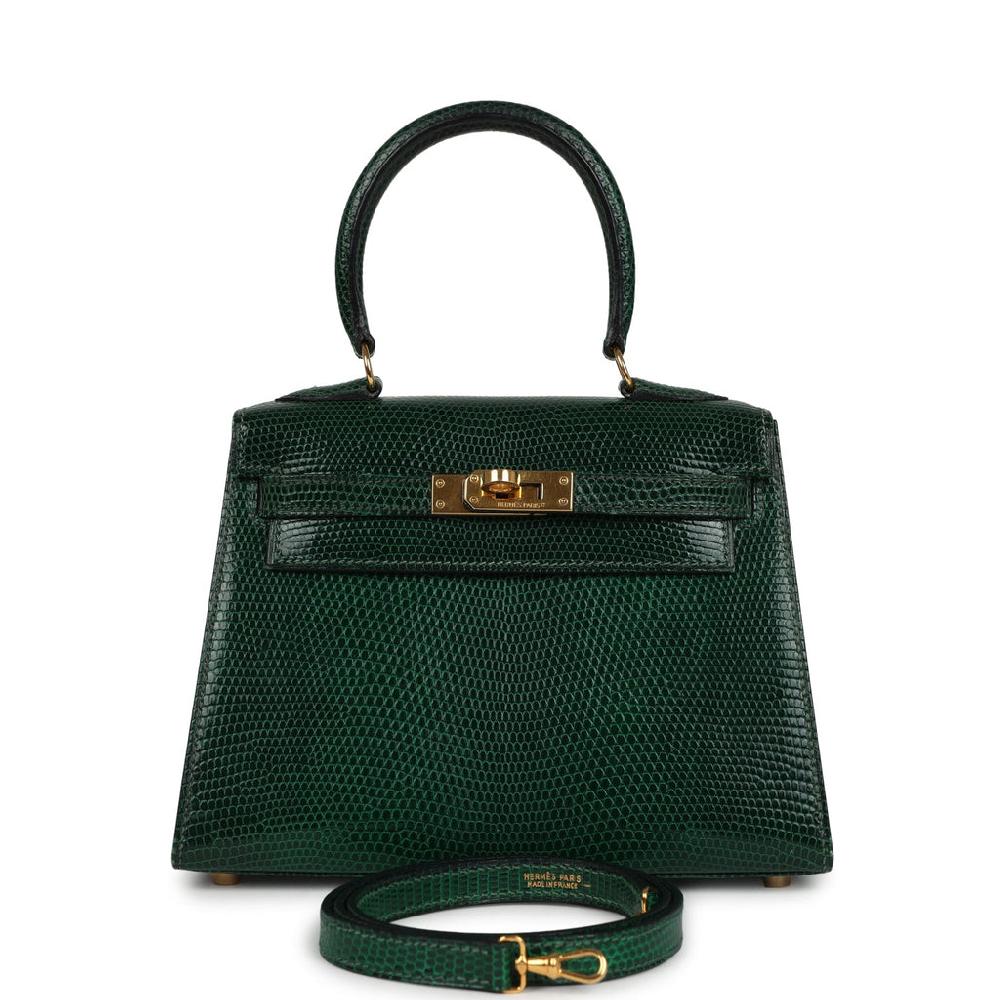 Vintage Hermes Kelly Sellier 20 Vert Fonce Varanus Salvator Lizard Gold Hardware