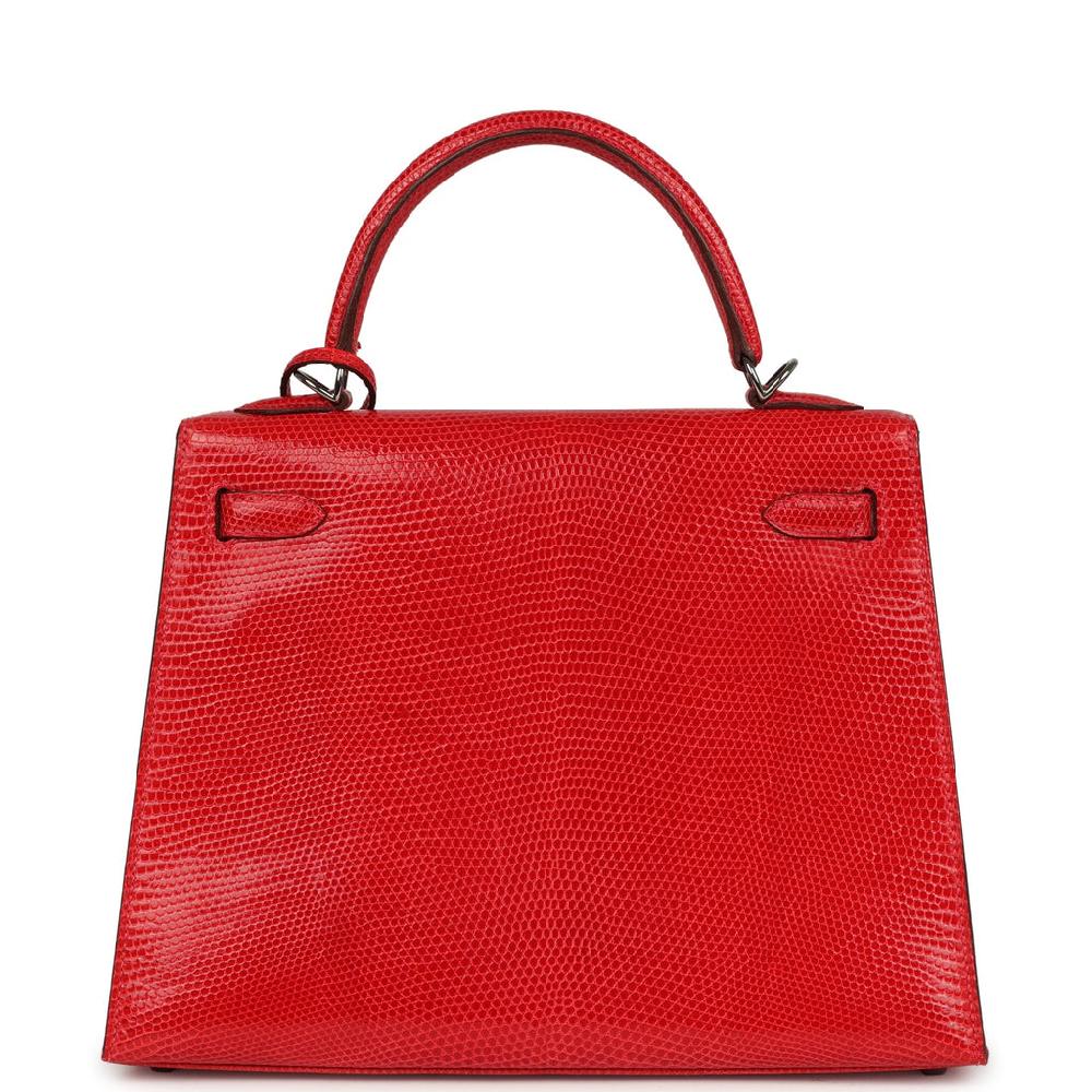 Vintage Hermes Kelly Sellier 25 Rouge Moyen Varanus Niloticus Lizard Ruthenium Hardware