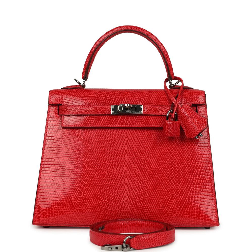 Vintage Hermes Kelly Sellier 25 Rouge Moyen Varanus Niloticus Lizard Ruthenium Hardware