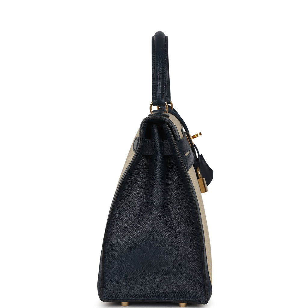 Vintage Hermes Kelly Sellier 28 Bleu Marine Courchevel And Ecru Crinoline Gold Hardware