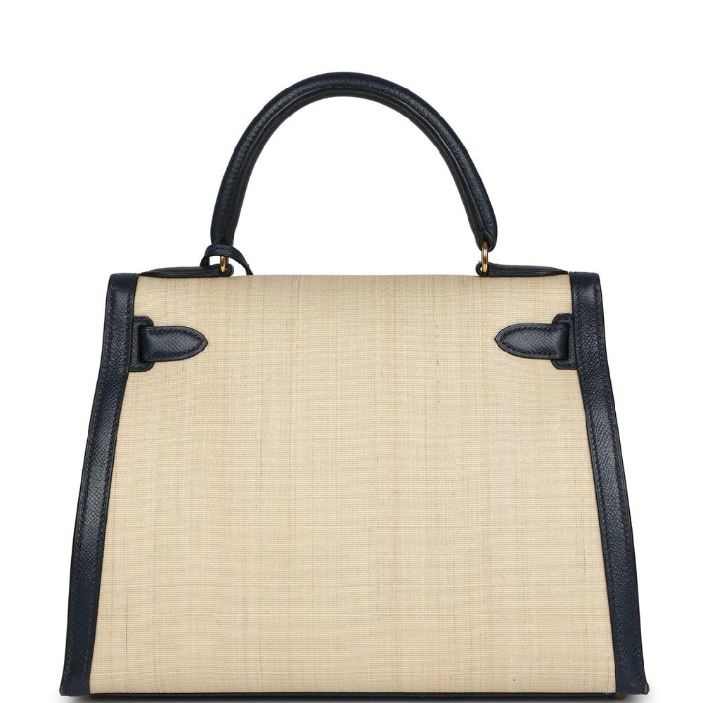 Vintage Hermes Kelly Sellier 28 Bleu Marine Courchevel And Ecru Crinoline Gold Hardware