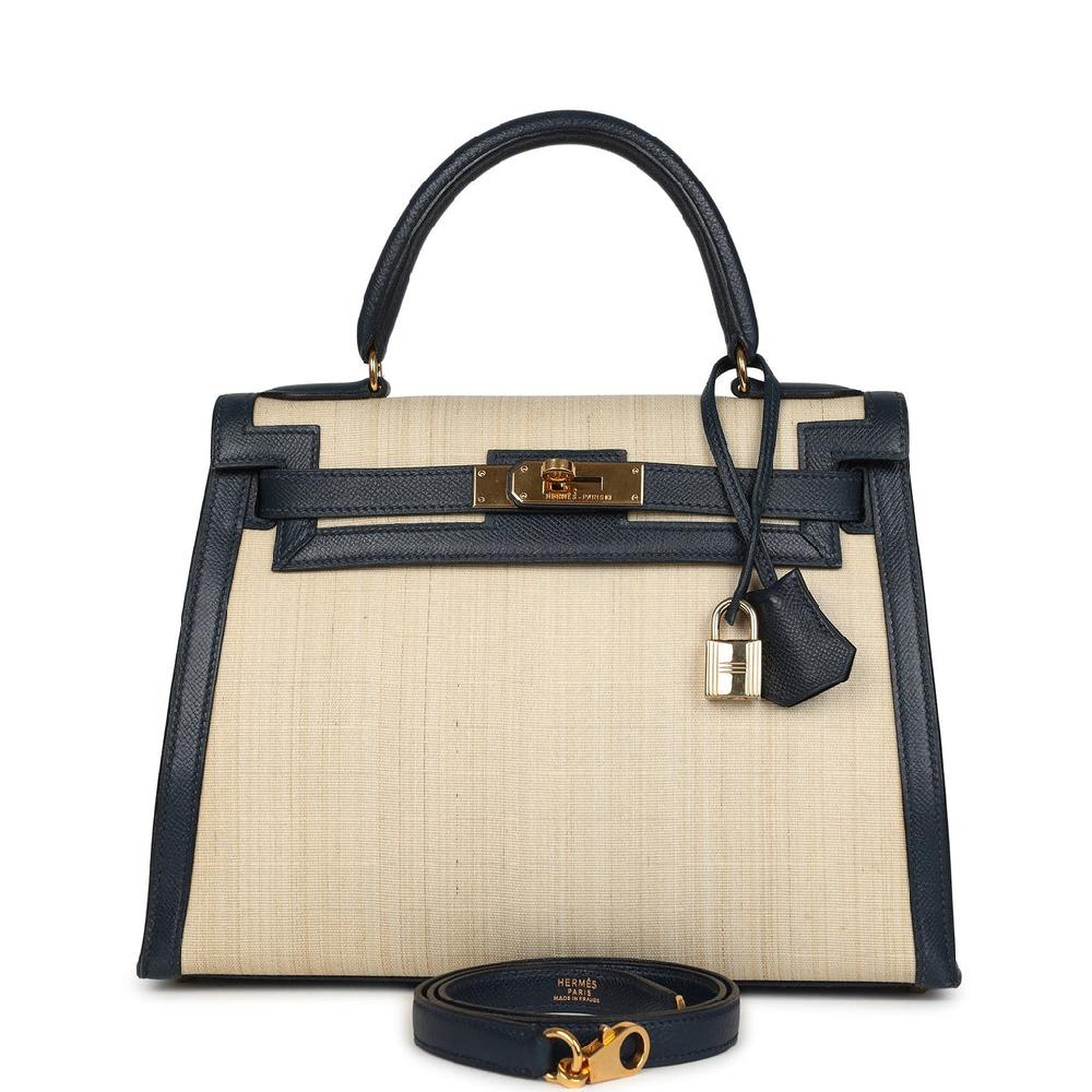 Vintage Hermes Kelly Sellier 28 Bleu Marine Courchevel and Ecru Crinoline Gold Hardware