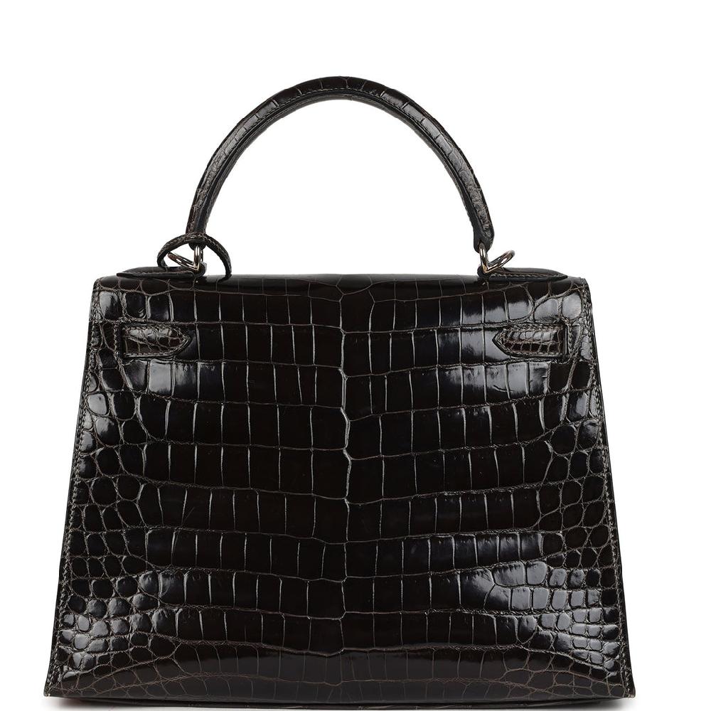 Vintage Hermes Kelly Sellier 28 Gris Fonce Shiny Niloticus Crocodile Palladium Hardware