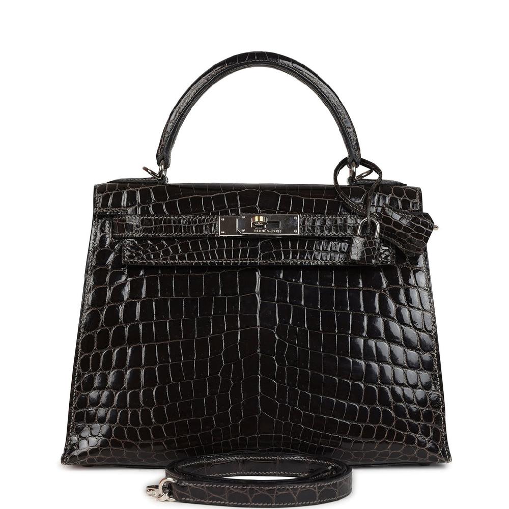 Vintage Hermes Kelly Sellier 28 Gris Fonce Shiny Niloticus Crocodile Palladium Hardware