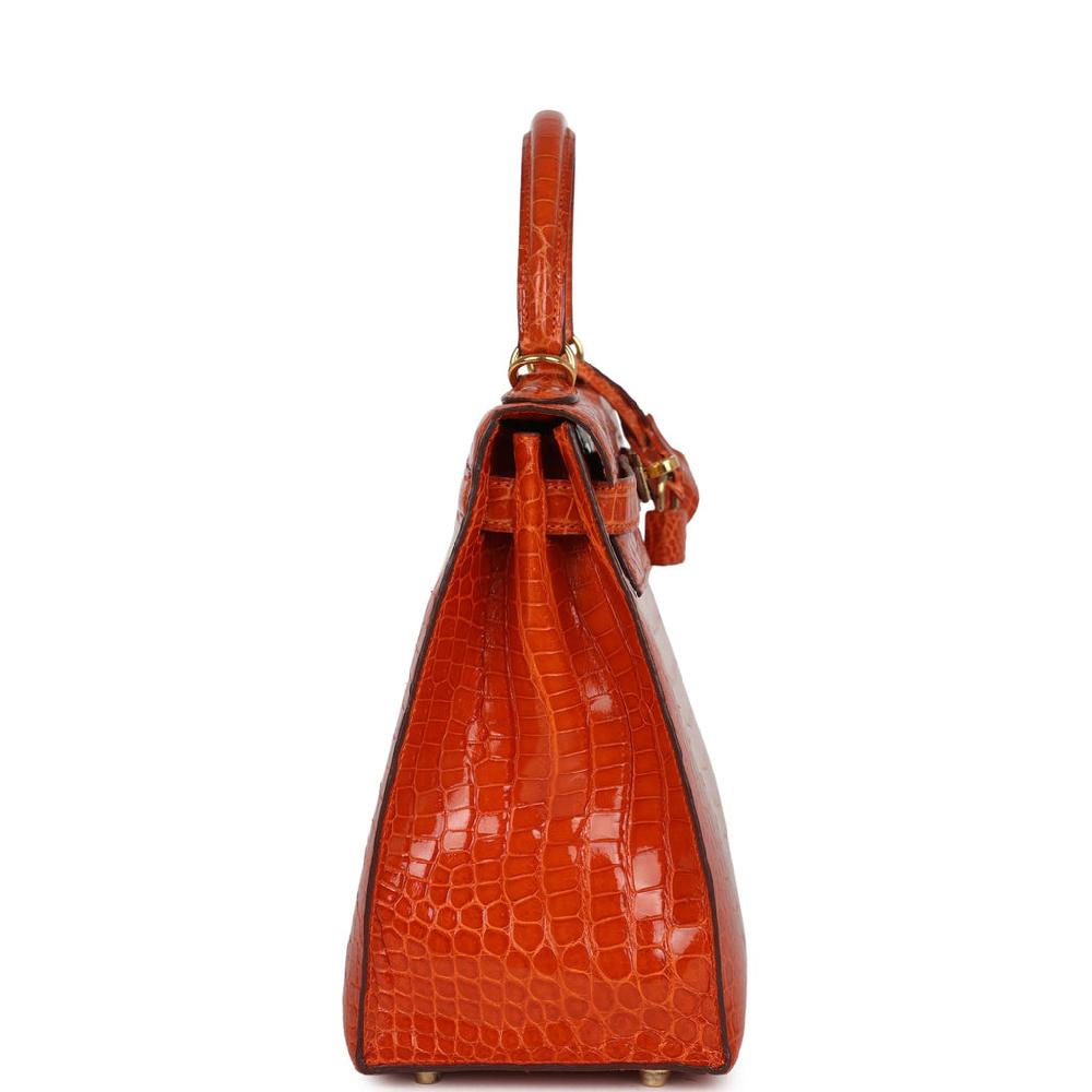 Vintage Hermes Kelly Sellier 28 Orange Shiny Porous Crocodile Gold Hardware