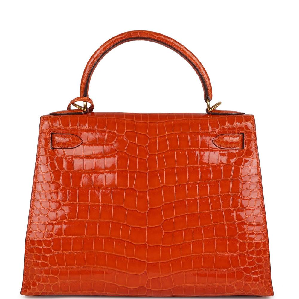 Vintage Hermes Kelly Sellier 28 Orange Shiny Porous Crocodile Gold Hardware
