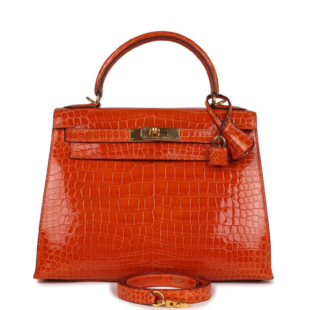 Vintage Hermes Kelly Sellier 28 Orange Shiny Porous Crocodile Gold Hardware