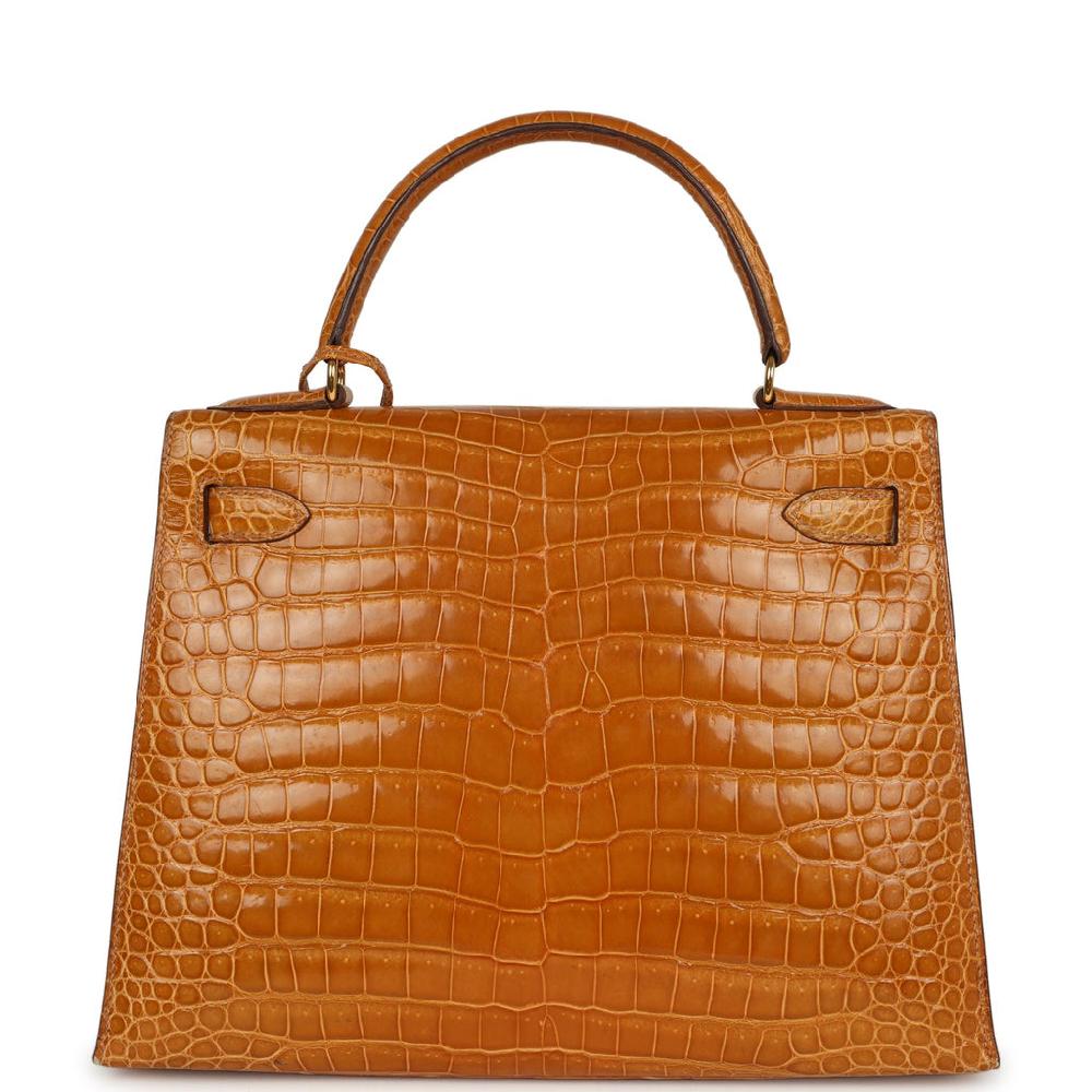 Vintage Hermes Kelly Sellier 28 Saffron Porosus Crocodile Gold Hardware