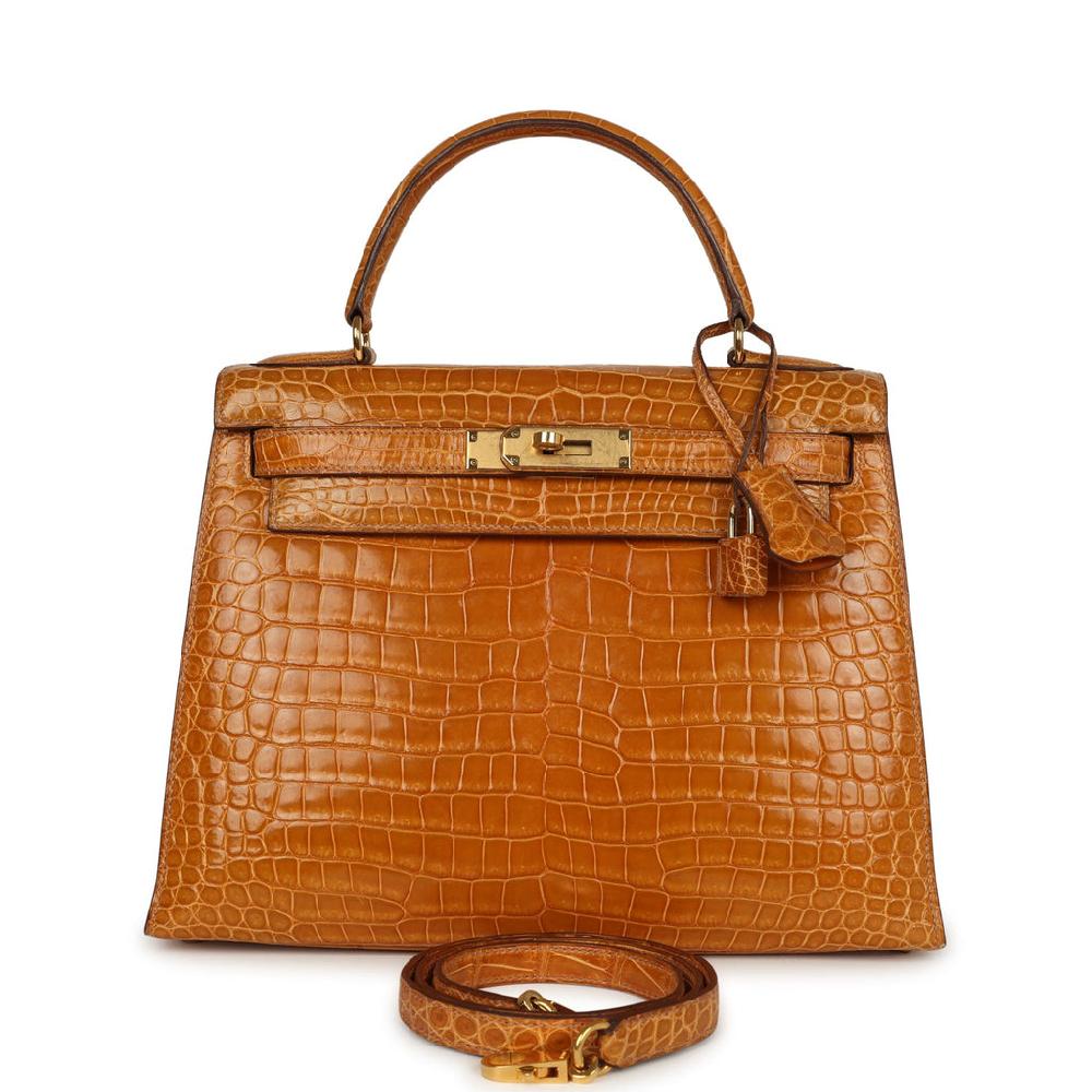 Vintage Hermes Kelly Sellier 28 Saffron Porosus Crocodile Gold Hardware