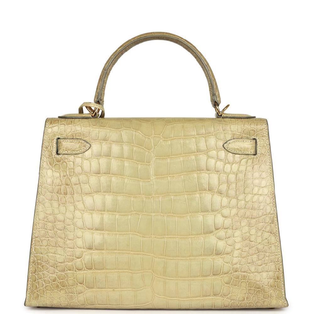 Vintage Hermes Kelly Sellier 28 Vert Celadon Natura Shiny Alligator Gold Hardware
