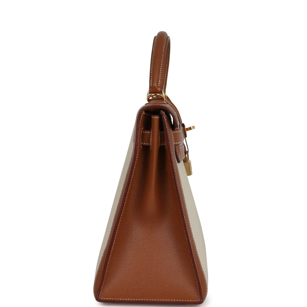 Vintage Hermes Kelly Sellier 32 Gold Courchevel And Ecru-Beige Toile H Canvas Gold Hardware