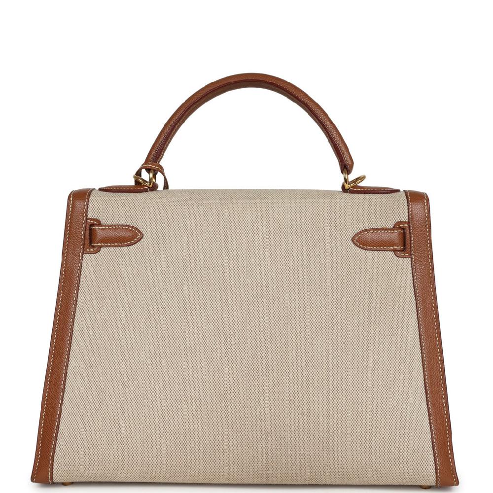 Vintage Hermes Kelly Sellier 32 Gold Courchevel And Ecru-Beige Toile H Canvas Gold Hardware