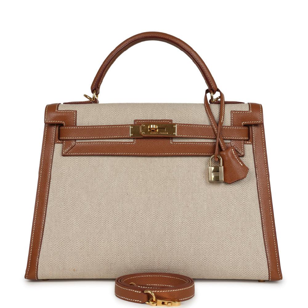 Vintage Hermes Kelly Sellier 32 Gold Courchevel and Ecru-Beige Toile H Canvas Gold Hardware
