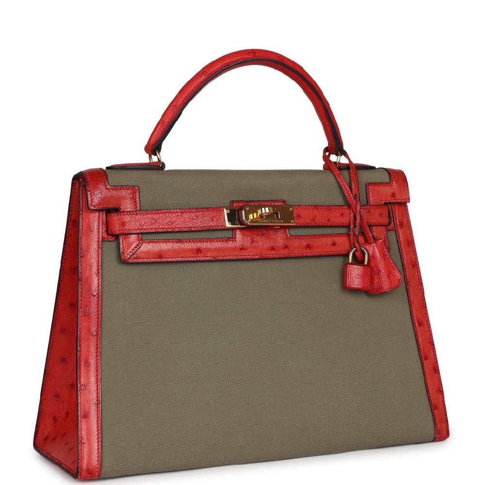 Vintage Hermes Kelly Sellier 32 Rouge Vif Ostrich And Vert Olive Officier Canvas Gold Hardware