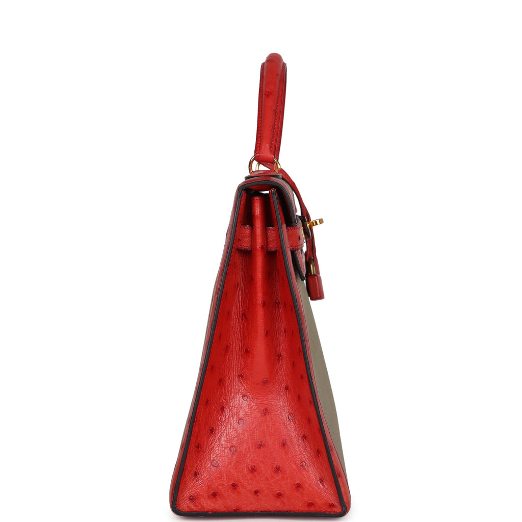 Vintage Hermes Kelly Sellier 32 Rouge Vif Ostrich And Vert Olive Officier Canvas Gold Hardware