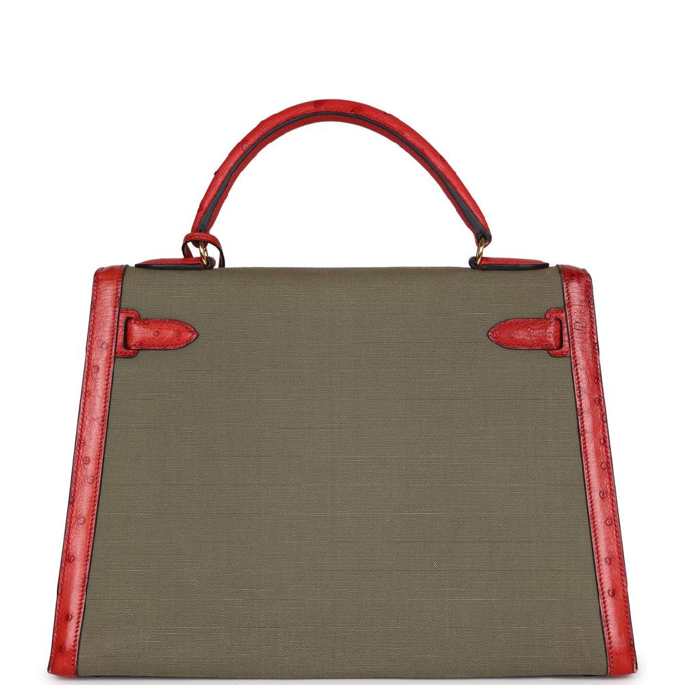 Vintage Hermes Kelly Sellier 32 Rouge Vif Ostrich And Vert Olive Officier Canvas Gold Hardware