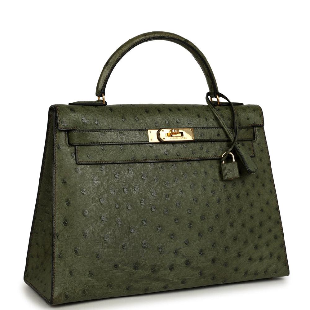 Vintage Hermes Kelly Sellier 32 Vert Olive Ostrich Gold Hardware