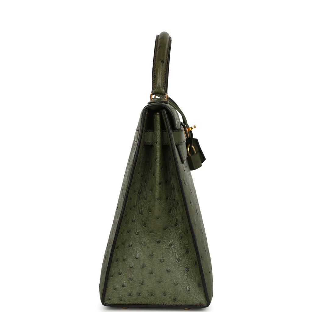 Vintage Hermes Kelly Sellier 32 Vert Olive Ostrich Gold Hardware
