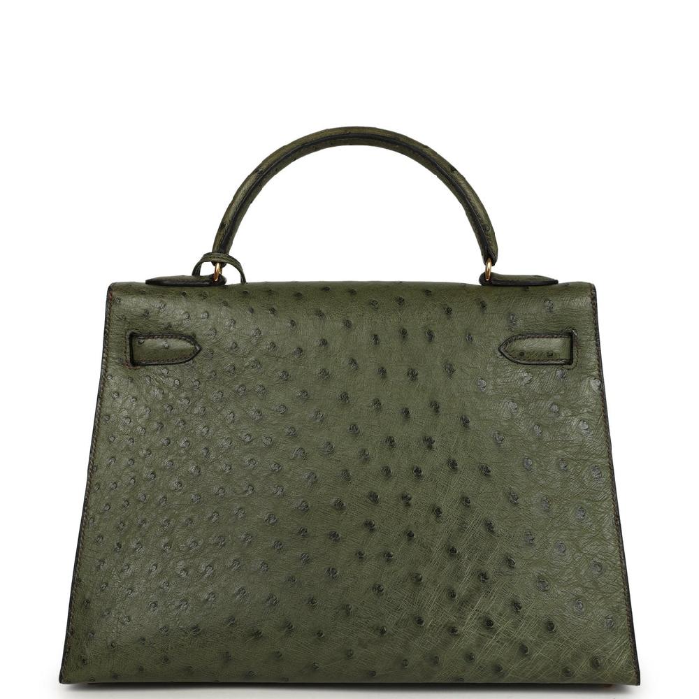 Vintage Hermes Kelly Sellier 32 Vert Olive Ostrich Gold Hardware