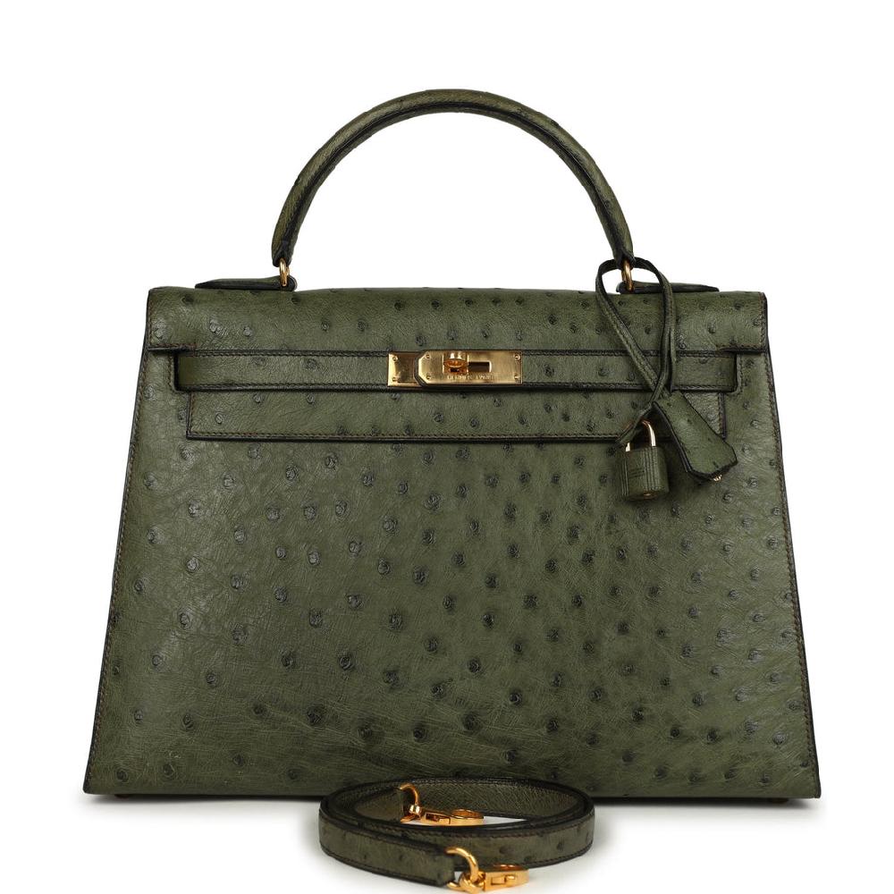 Vintage Hermes Kelly Sellier 32 Vert Olive Ostrich Gold Hardware