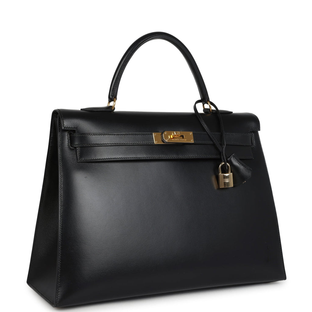 Vintage Hermes Kelly Sellier 35 Black Box Gold Hardware