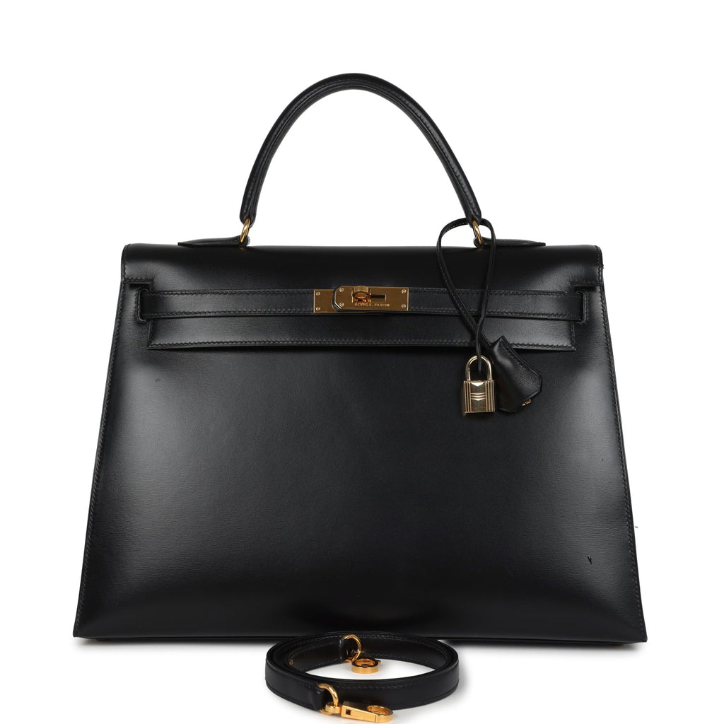 Vintage Hermes Kelly Sellier 35 Black Box Gold Hardware